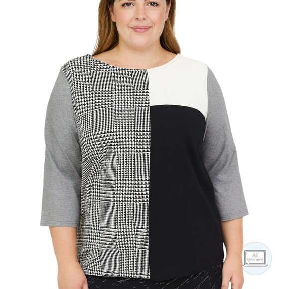 Lane Bryant Womens Top Color Block Houndstooth Knit Ponte Black White Size 22/24 - Picture 1 of 10